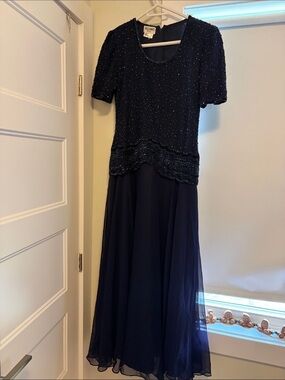 Beaded Navy Formal Gown with Scoop Neck
